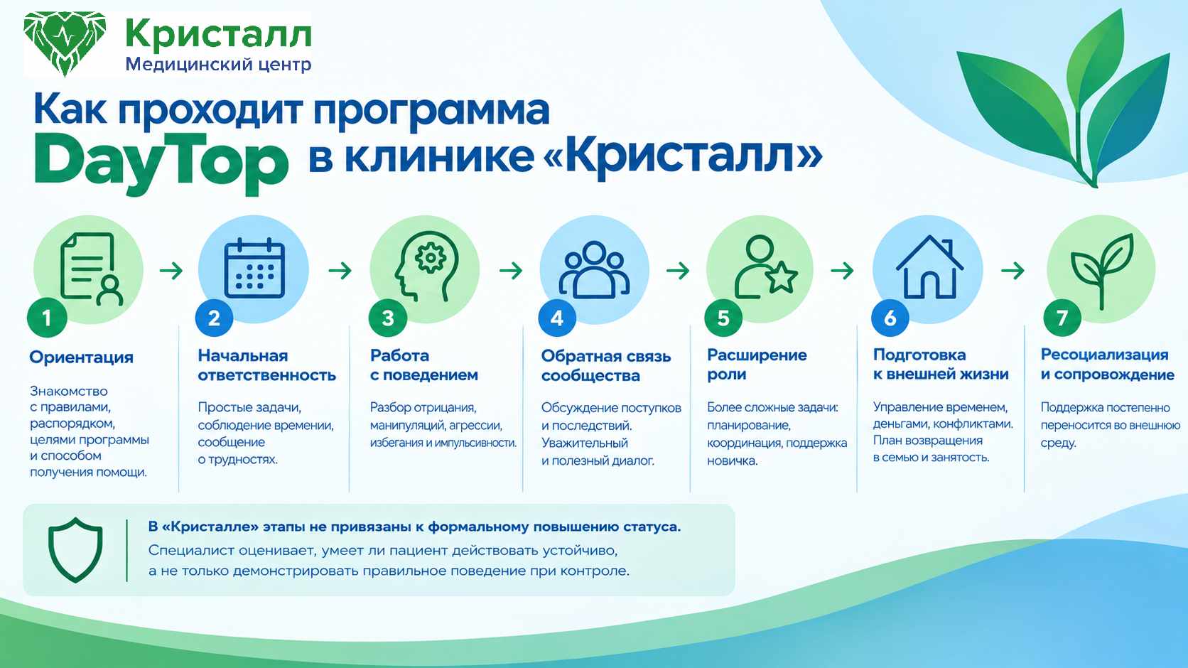 Инфографика о семи этапах программы DayTop в клинике «Кристалл»: ориентация, ответственность, работа с поведением, обратная связь, расширение роли, подготовка к внешней жизни и ресоциализация.